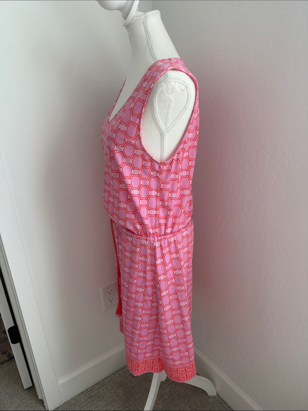 Cabana Life Sleeveless Pink Geometric Print Drawstring Dress - Picture 2 of 5